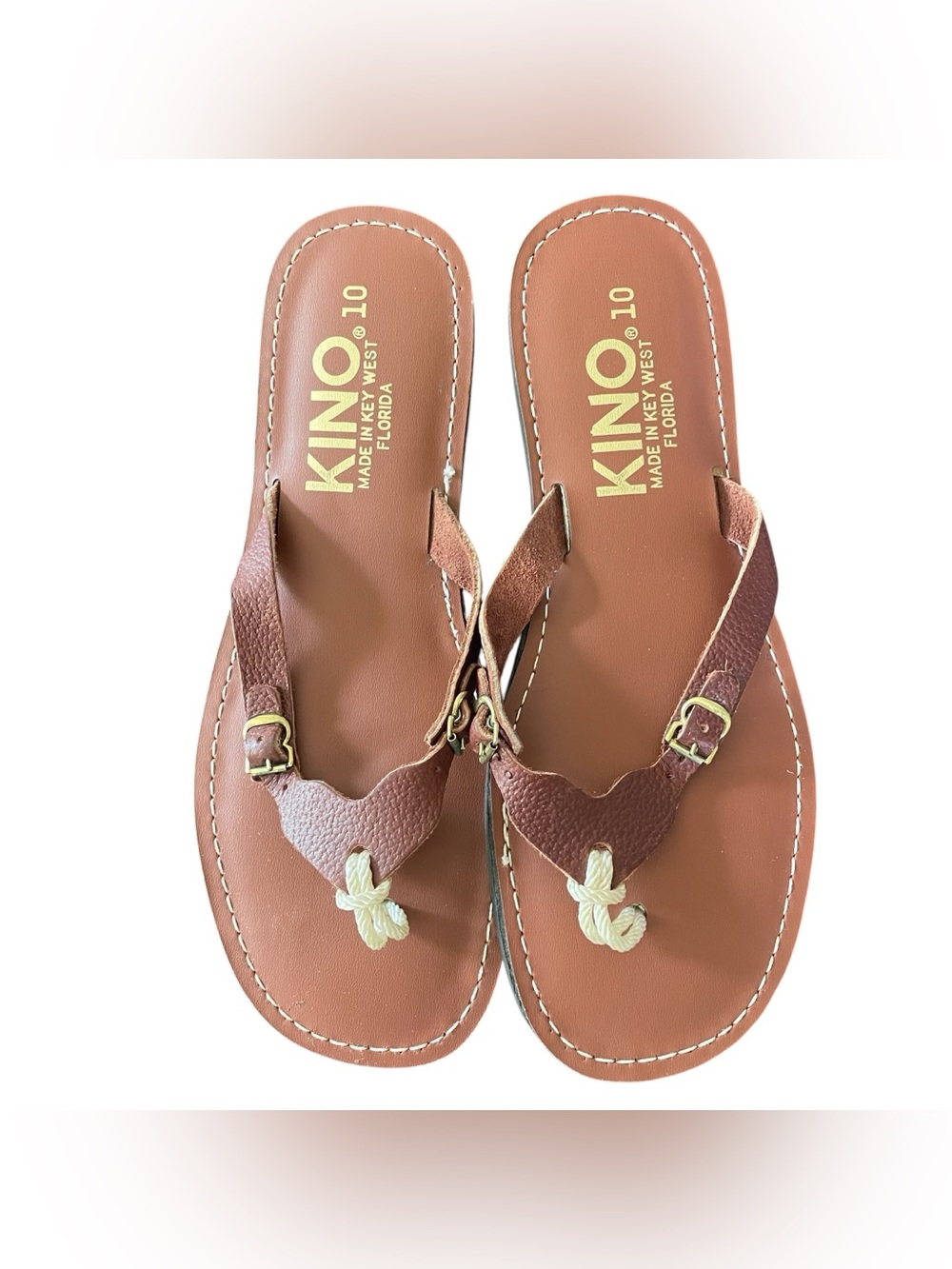 Kino Key West Women Leather Flip Flops Brown Slide Sandals Size 10 Handmade Boho